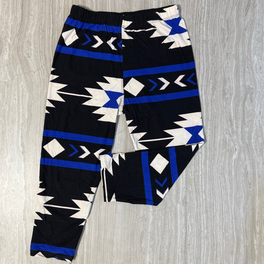 Southwestern Geometric Blue White Print Black Leggings