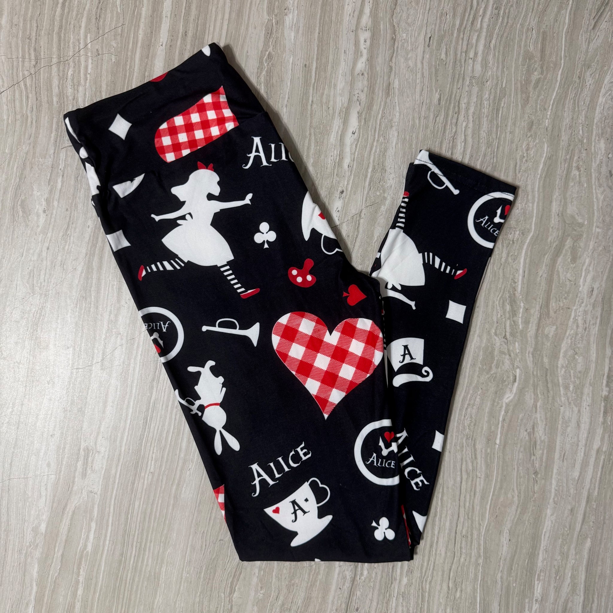 Alice in Wonderland Themed Print Black Leggings