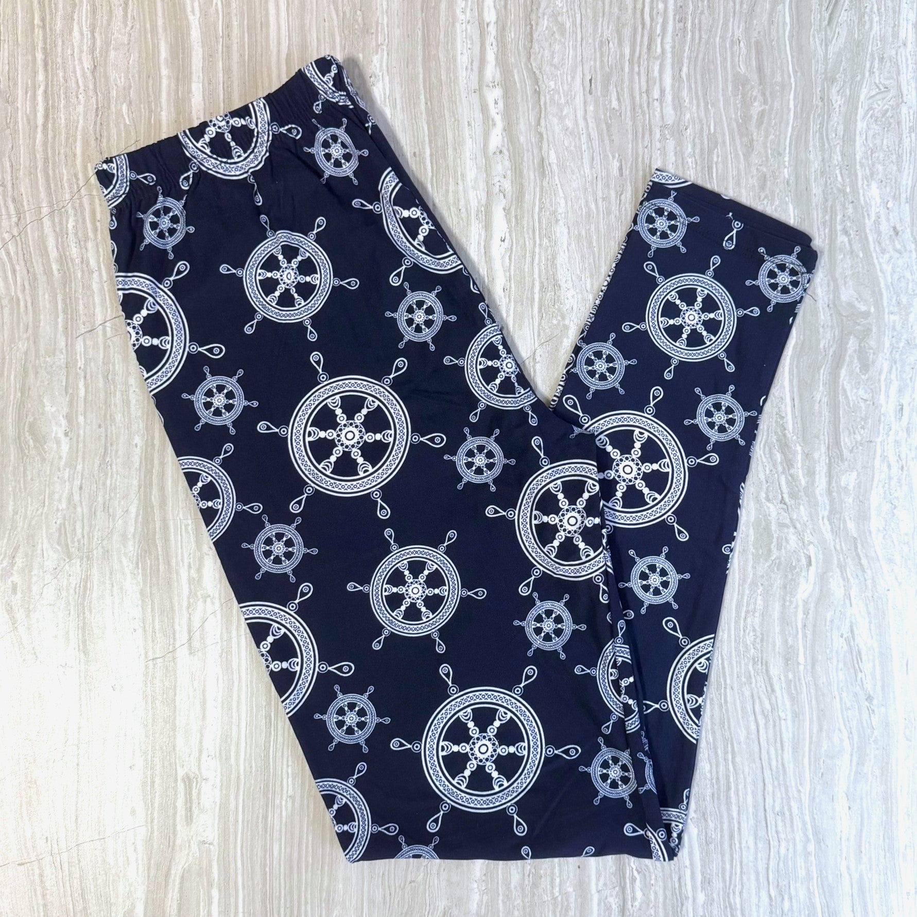 Nautical Ship Wheel Print Navy Blue Leggings