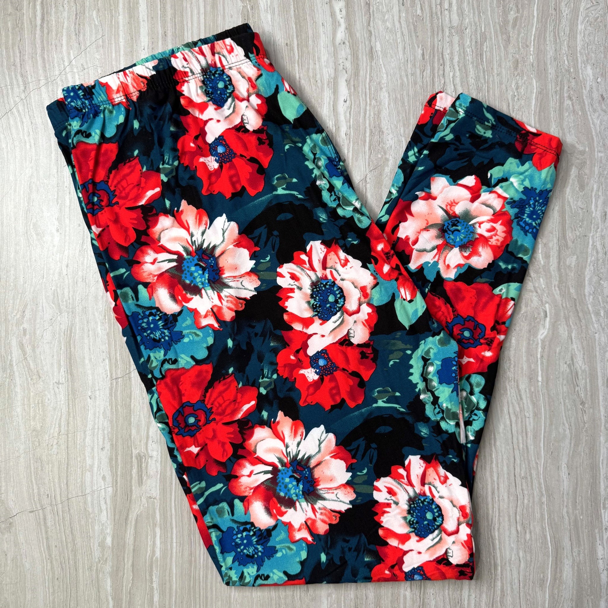 Turquoise Blue & Red Blossom Print Soft Leggings