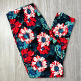 Turquoise Blue & Red Blossom Print Soft Leggings