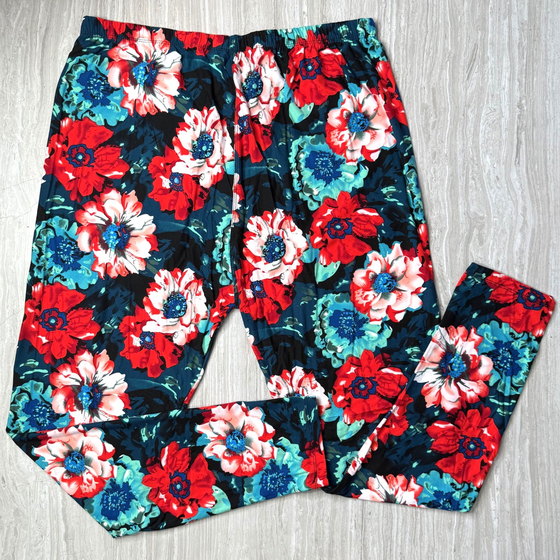 Turquoise Blue & Red Blossom Print Soft Leggings