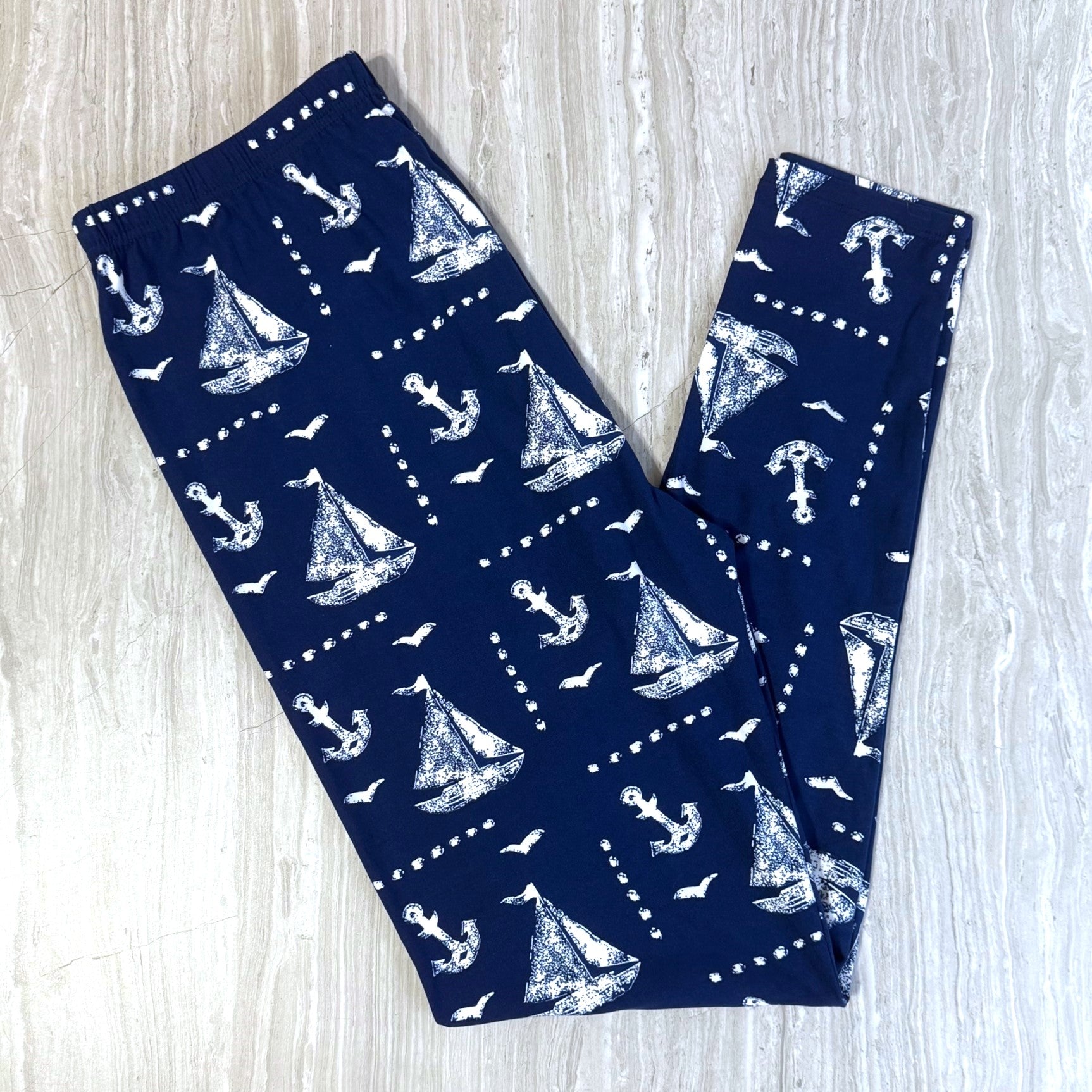 Nautical Sailboat Print Navy Blue Leggings - Adult & Kids Sizes