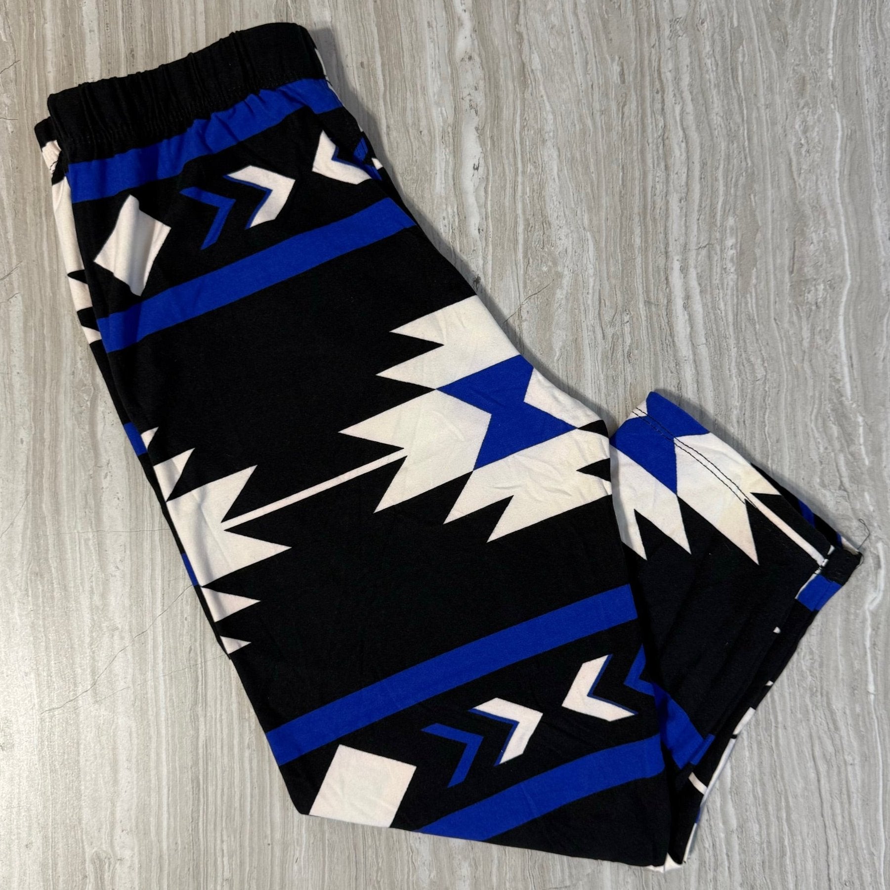 Southwestern Geometric Blue White Print Black Leggings