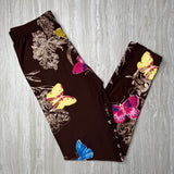 Colorful Butterfly Print Chocolate Brown Leggings - Adult & Kids Sizes - Soft Stretchy