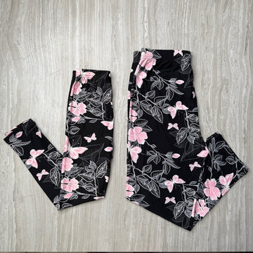 Kids Pink Butterfly Floral Print Soft Leggings