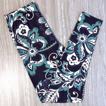 Navy & Teal Floral Paisley Print Leggings