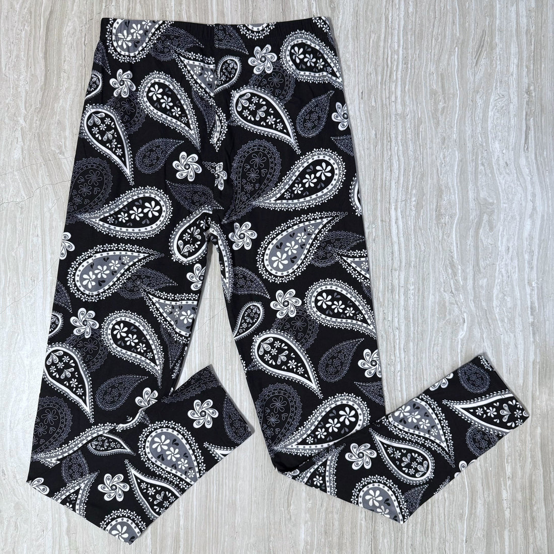 White & Gray Large Paisley Print on Black Leggings