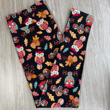 Fall Owl & Oak Leaves Print Leggings