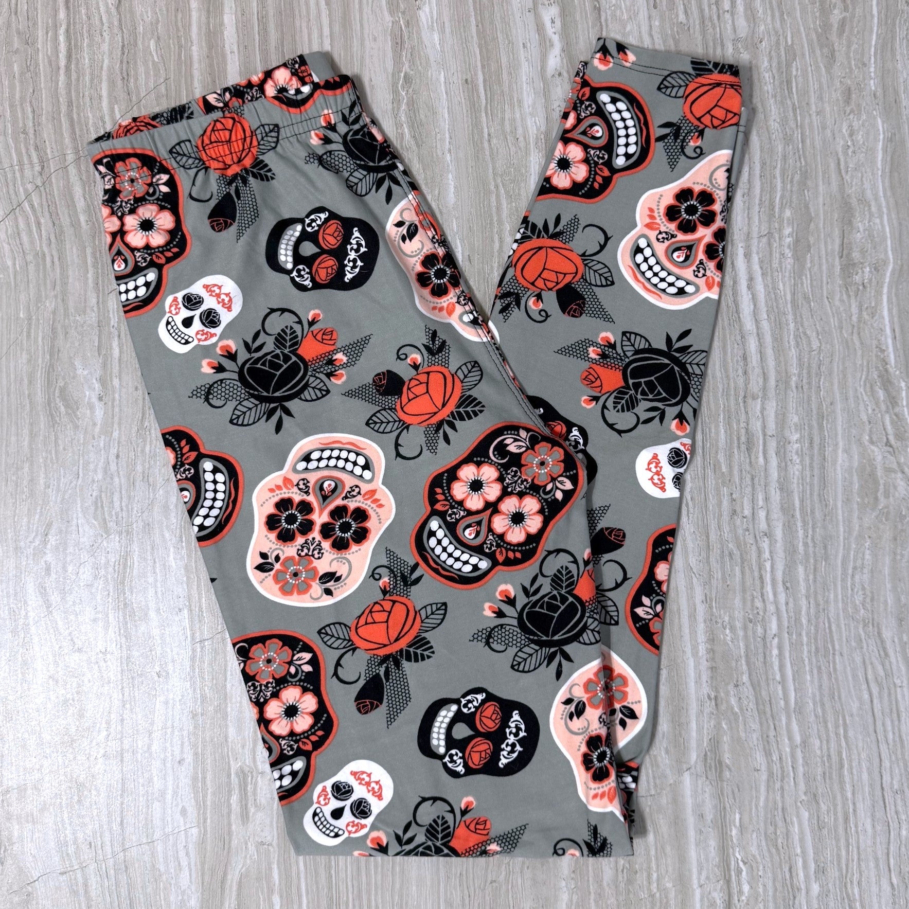 Coral Rose Sugar Skull Leggings