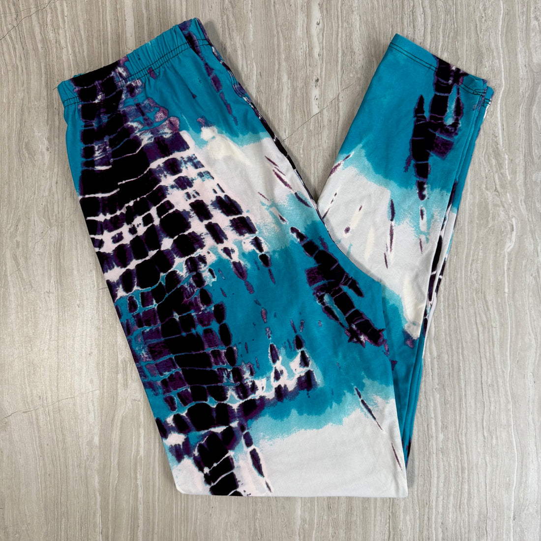 Aqua Blue Abstract Batik Tie Dye Print Leggings