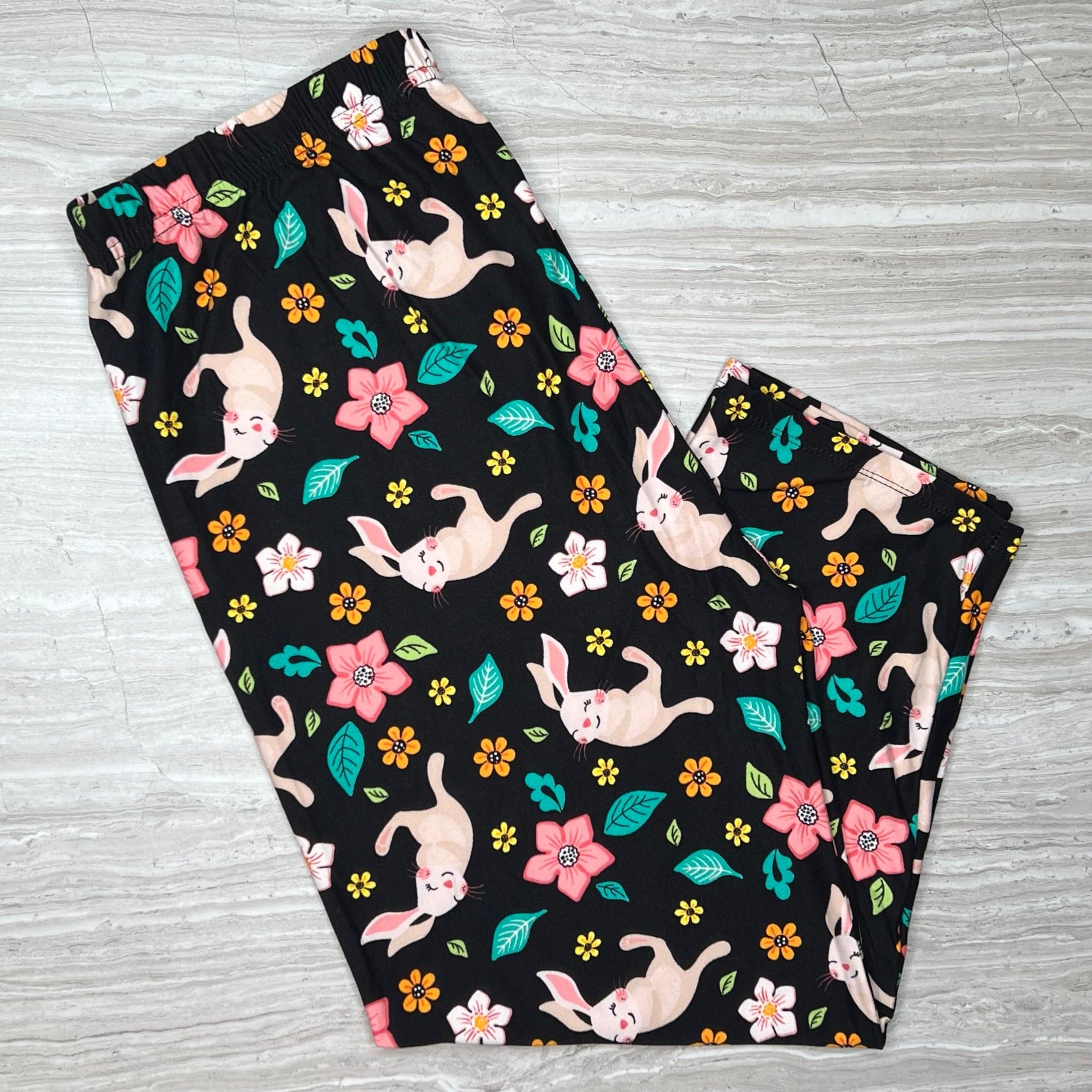 Spring Pink Yellow Orange Flowers & Happy Bunny Print Capri Black Leggings - Classic Comfort Capri Leggings
