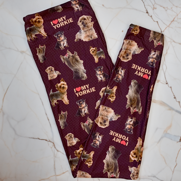 I Love My Yorkie Checkered Print Brown Soft Leggings