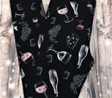 Wine & Cheese Print Black Leggings - Elegant Vino and Fromage Pattern Pants for Culinary Enthusiasts and Casual Chic Style
