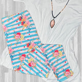 Sweet Flowers on Teal Blue & Baby Pink Striped Print Full Length Leggings