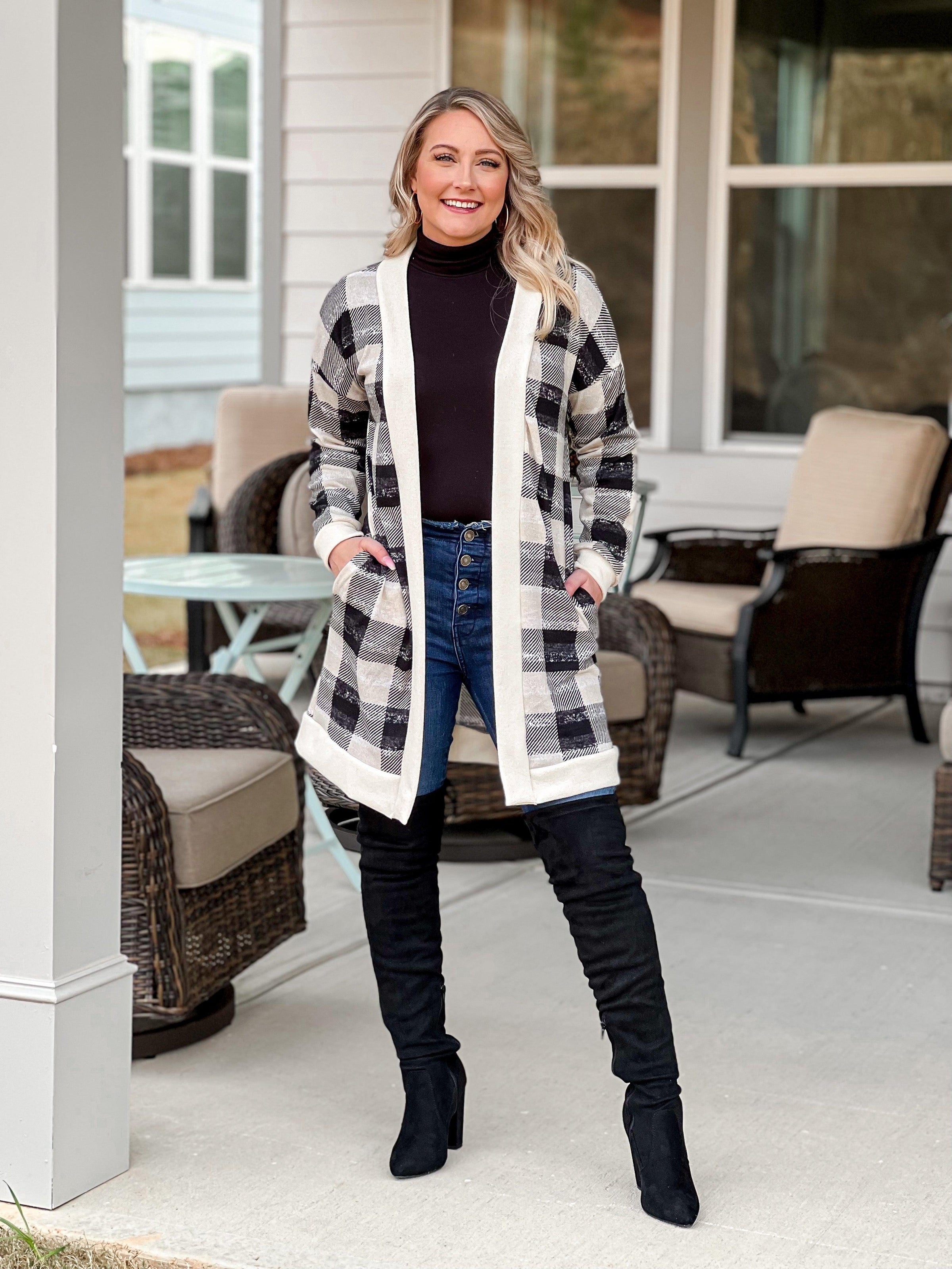 Taupe Plaid Cardigan w/ Pockets