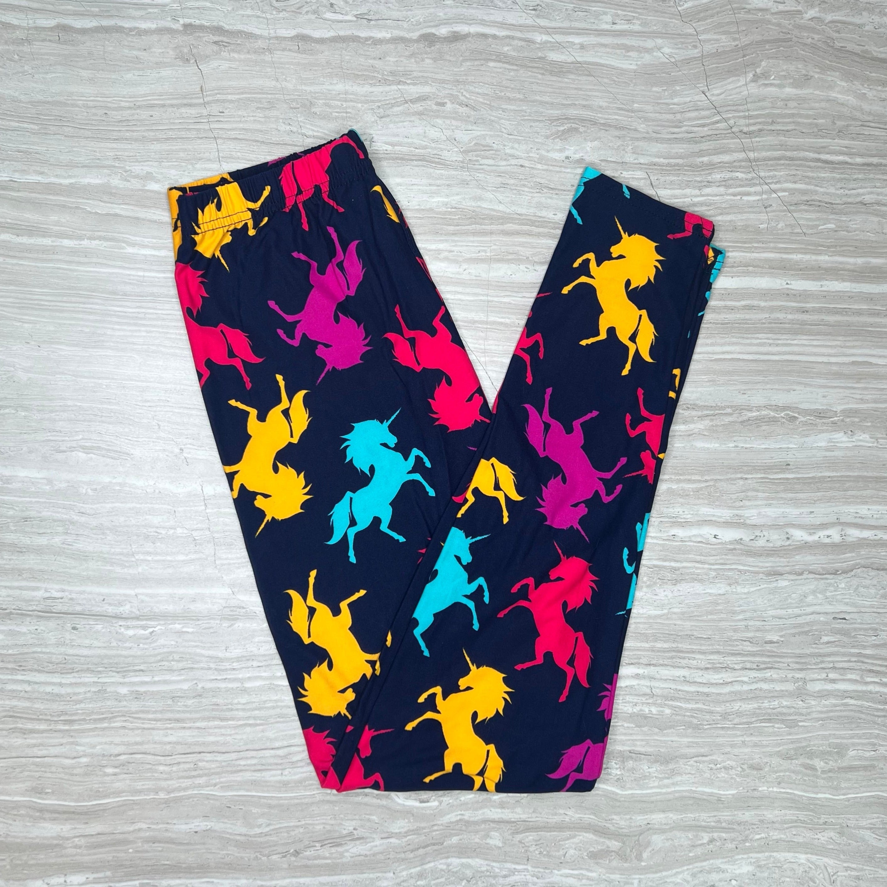Colorful Neon Unicorn Print Navy Soft Leggings - Adult & Kid Sizes