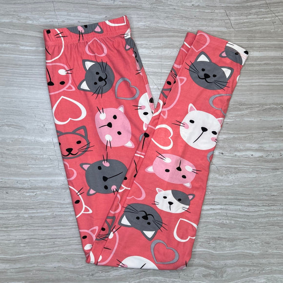 Pink & Gray Kitties Heart Print Leggings