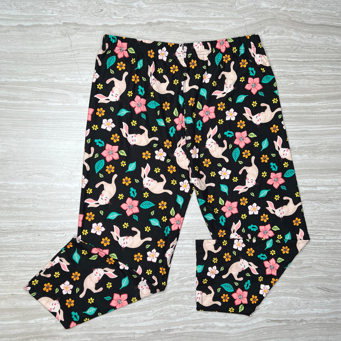 Spring Pink Yellow Orange Flowers & Happy Bunny Print Capri Black Leggings - Classic Comfort Capri Leggings
