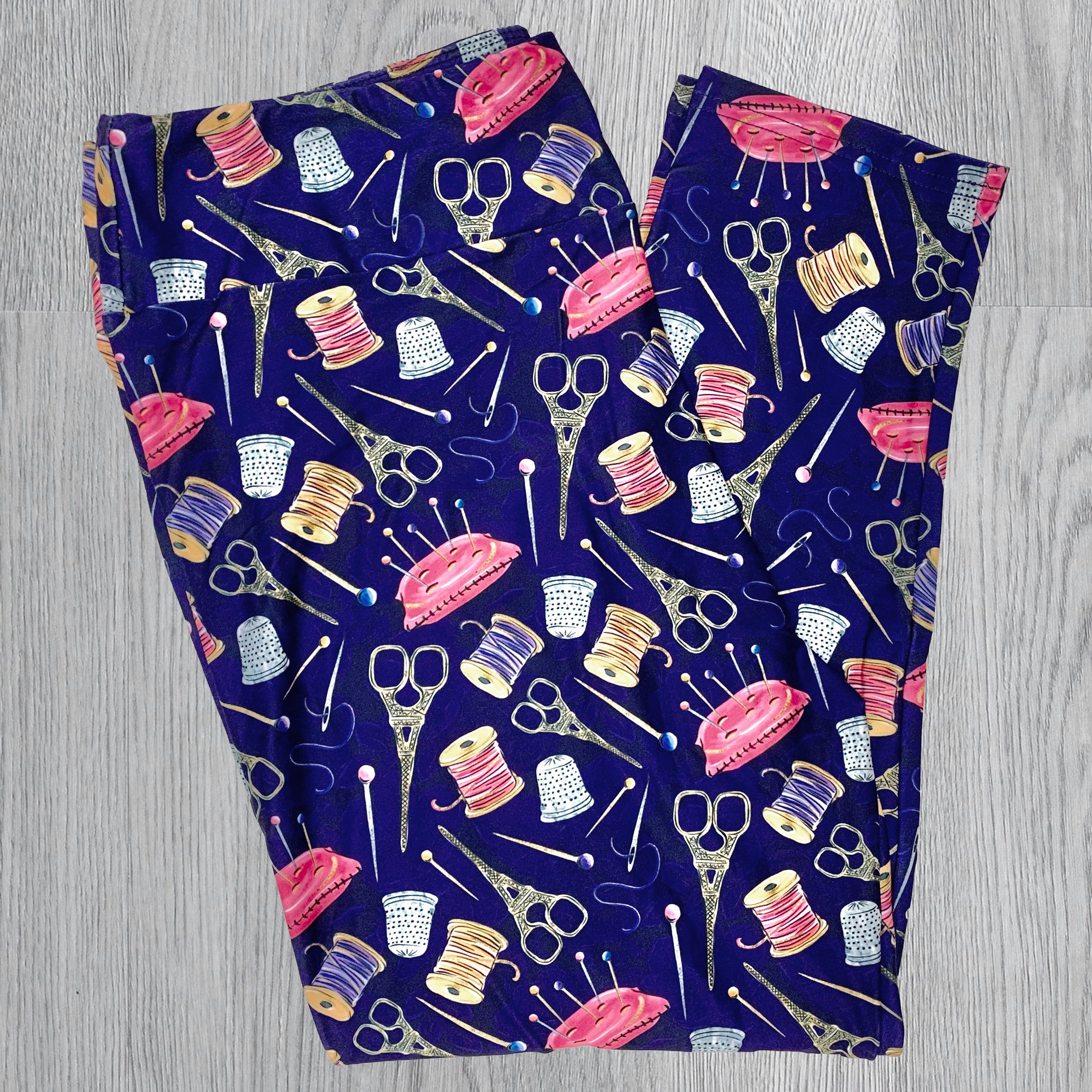 Seamstress Delight Print Purple Capri Leggings - Craft & Sewing Inspired Fashion - Comfortable, Artistic Legwear