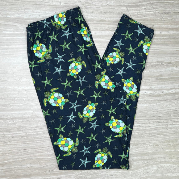 Turtle & Starfish Print Navy Blue Soft Stretchy Leggings