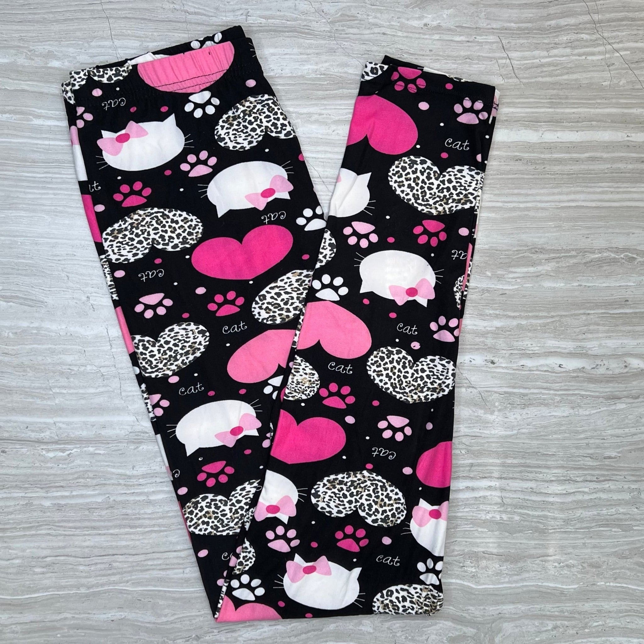 Kitty With Bow & Hearts Print Leggings