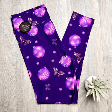 Purple Ornament & Butterfly Flowers Christmas Soft Leggings