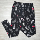 Wine & Cheese Print Black Leggings - Elegant Vino and Fromage Pattern Pants for Culinary Enthusiasts and Casual Chic Style