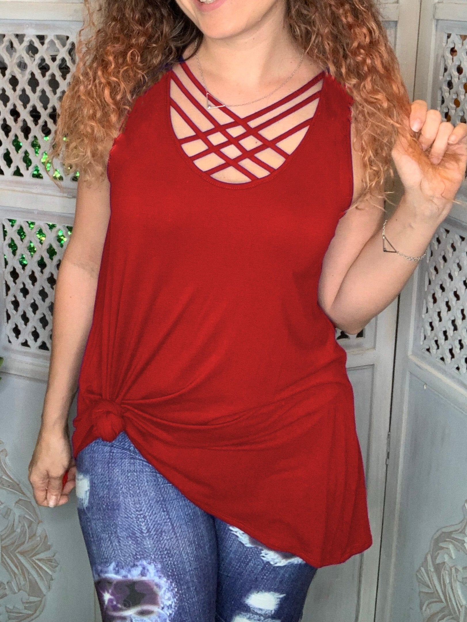 Solid Rayon Sleeveless Lattice Top