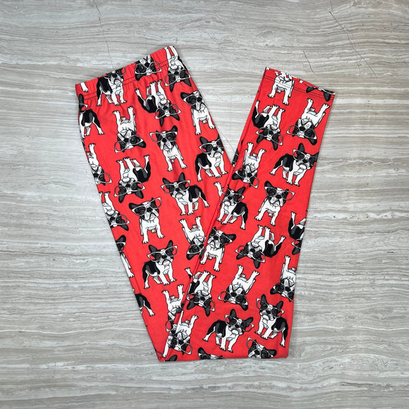 Dogs In Glasses Print Soft Stretchy Red Leggings