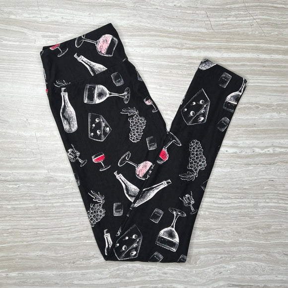 Wine & Cheese Print Black Leggings - Elegant Vino and Fromage Pattern Pants for Culinary Enthusiasts and Casual Chic Style