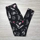 Wine & Cheese Print Black Leggings - Elegant Vino and Fromage Pattern Pants for Culinary Enthusiasts and Casual Chic Style