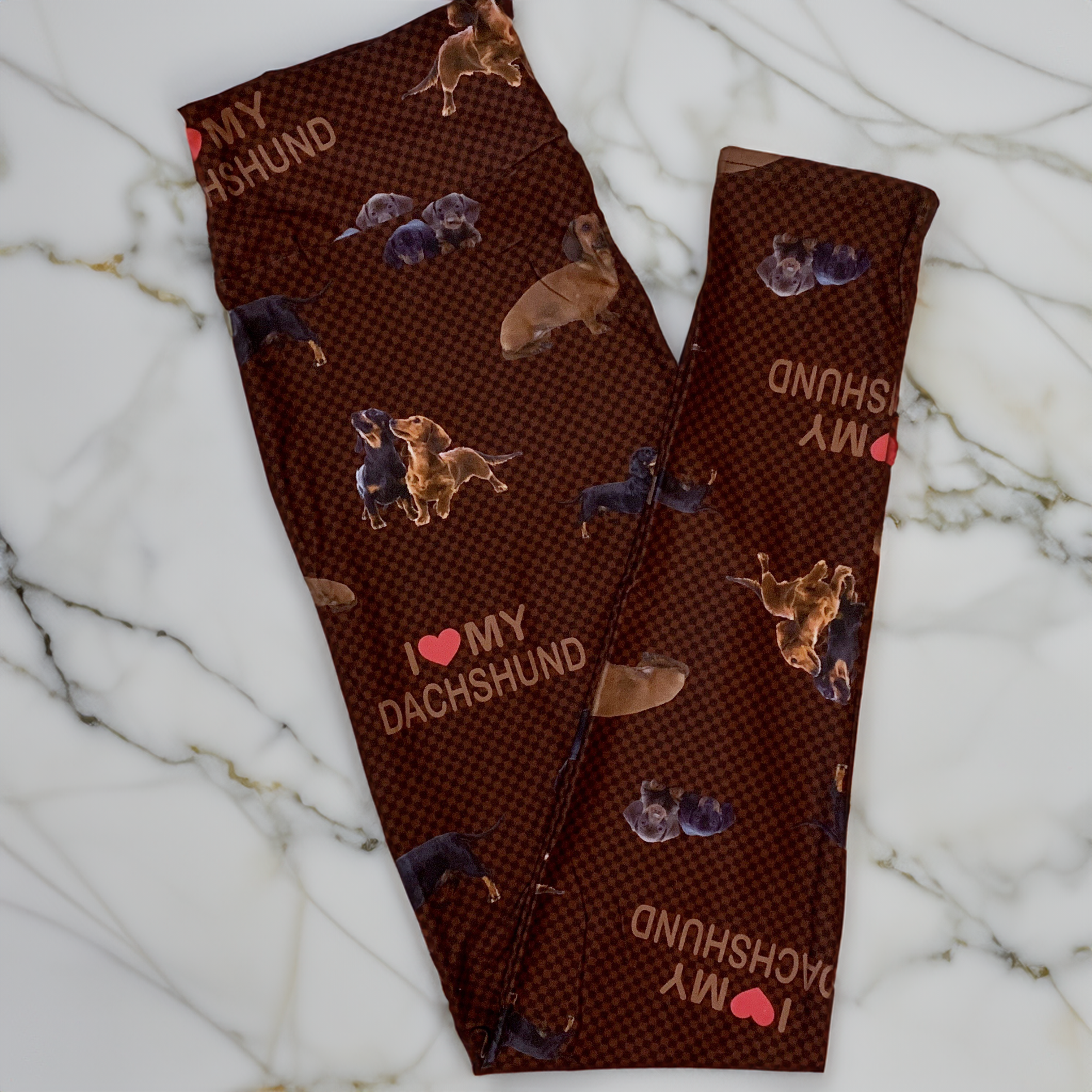 I Love My Dachshund Checkered Print Brown Leggings