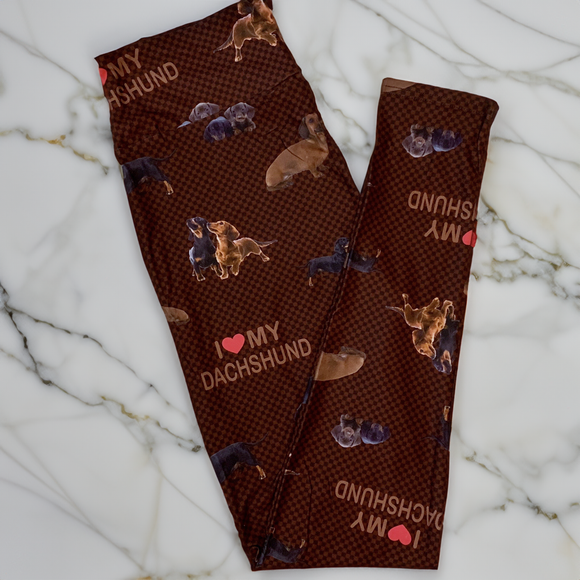 I Love My Dachshund Checkered Print Brown Leggings