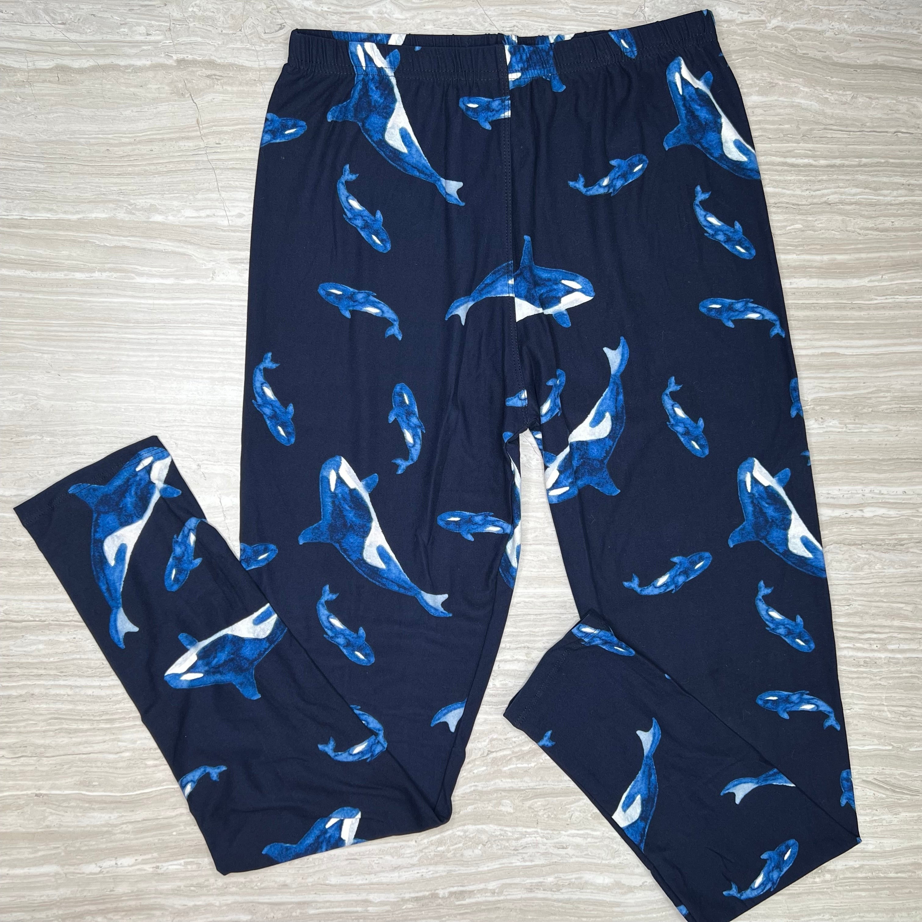 Orca Whale Print Blue Leggings - Adult & Kids - Full Length