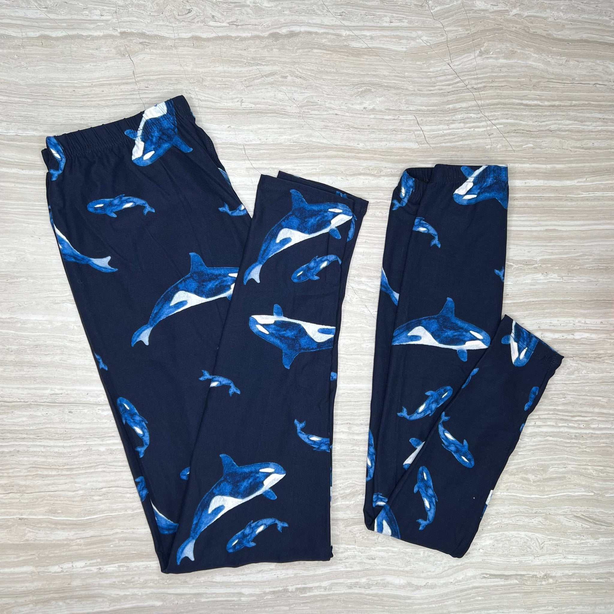 Orca Whale Print Blue Leggings - Adult & Kids - Full Length