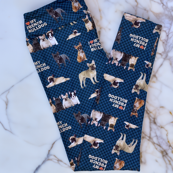 I Love My French Bulldog Checkered Print Teal Blue Leggings