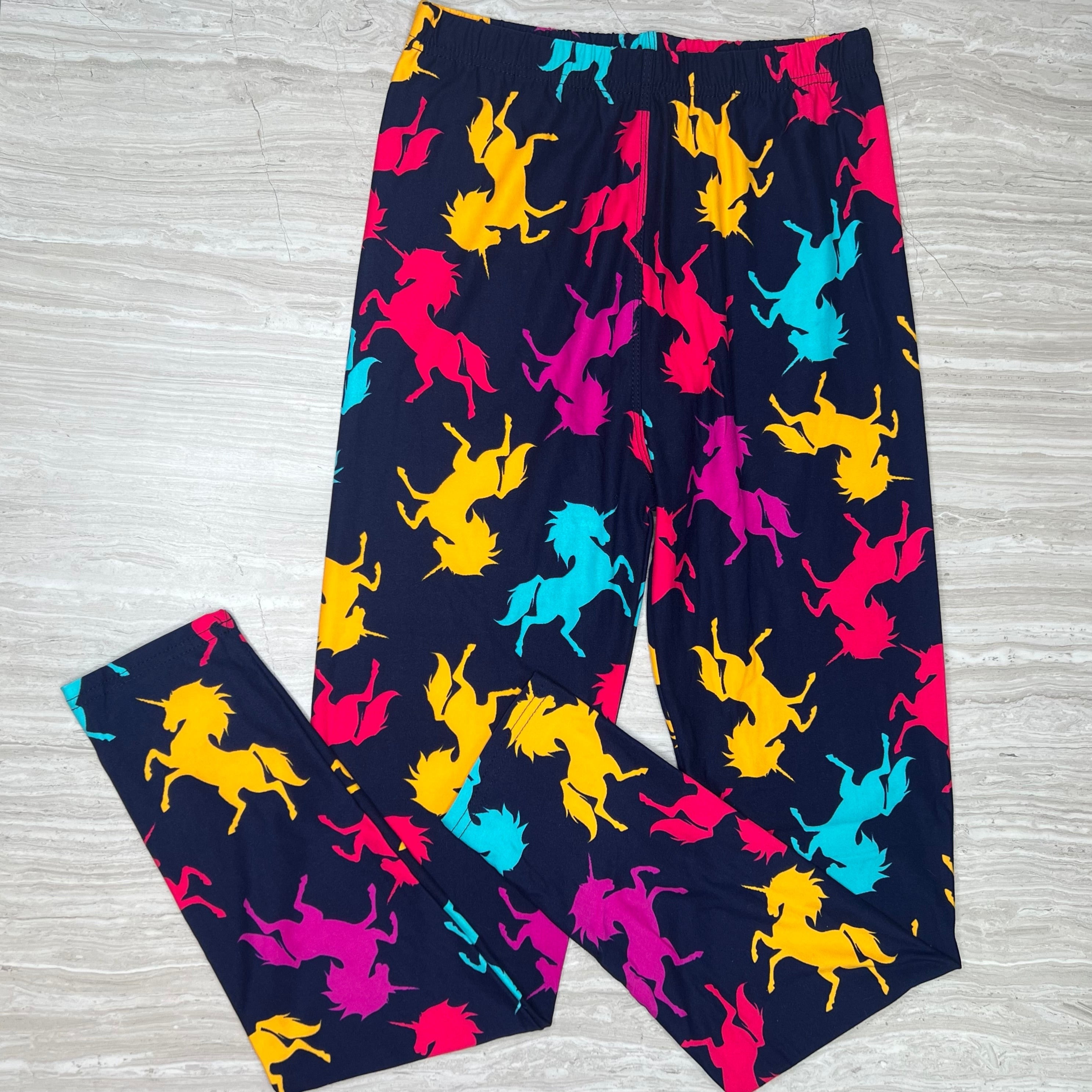 Colorful Neon Unicorn Print Navy Soft Leggings - Adult & Kid Sizes