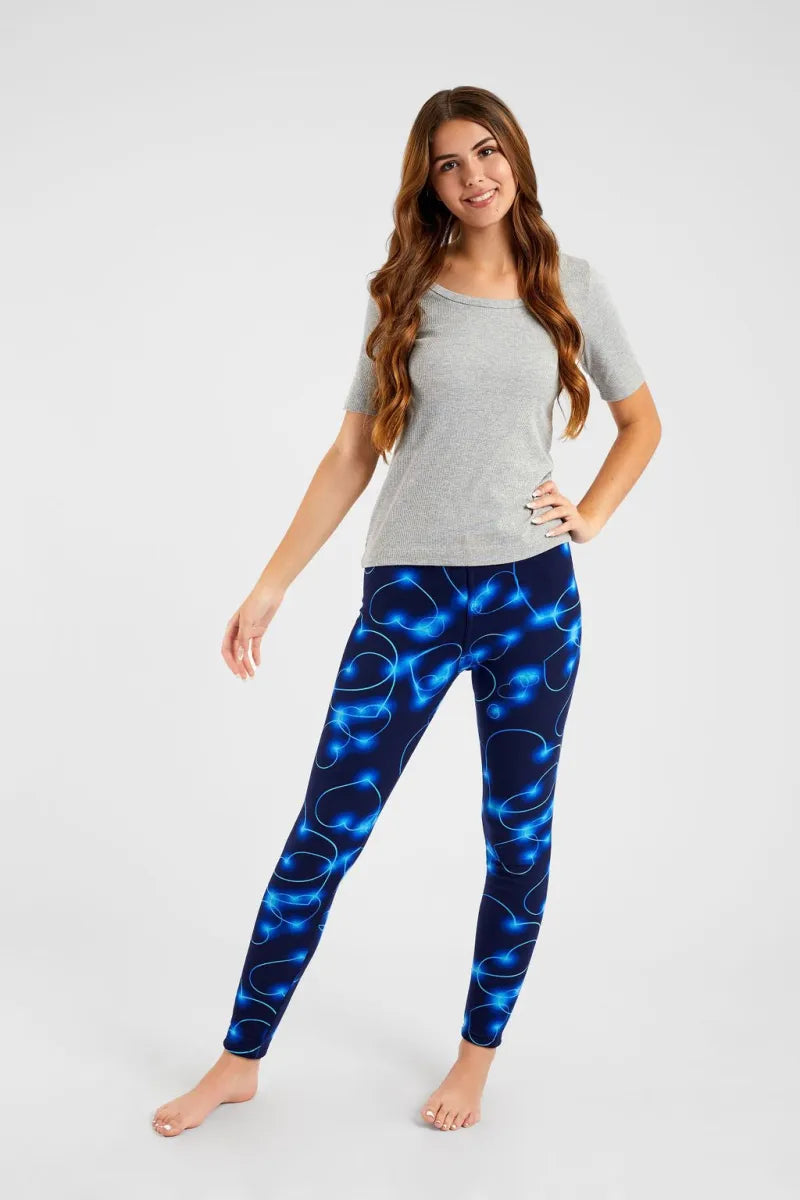 Neon Blue Heart Print Leggings - Adult & Kid Sizes