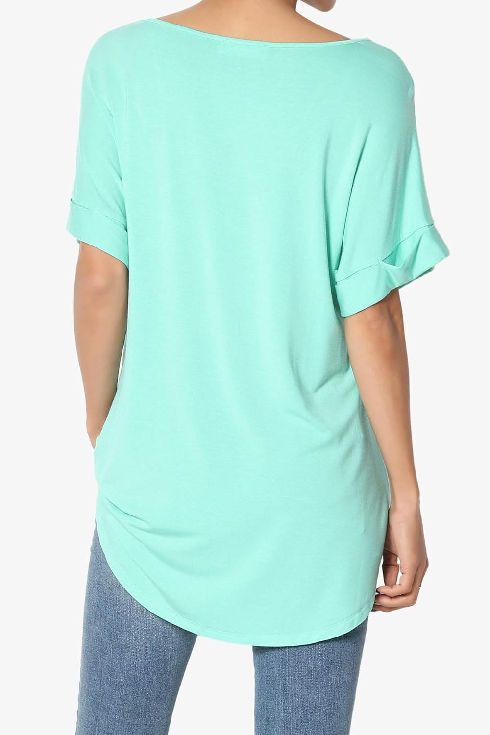 Women's Wide V-Neck Cuffed Short Sleeve Curved Hem Luxe Jersey Top