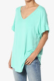 Women's Wide V-Neck Cuffed Short Sleeve Curved Hem Luxe Jersey Top