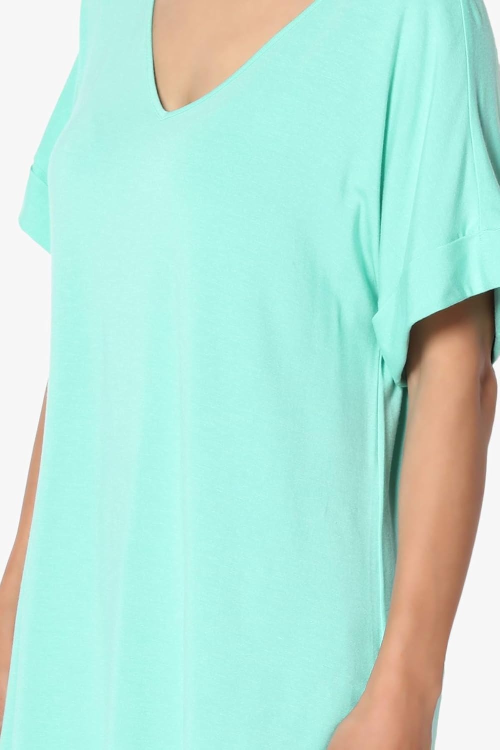 Women's Wide V-Neck Cuffed Short Sleeve Curved Hem Luxe Jersey Top