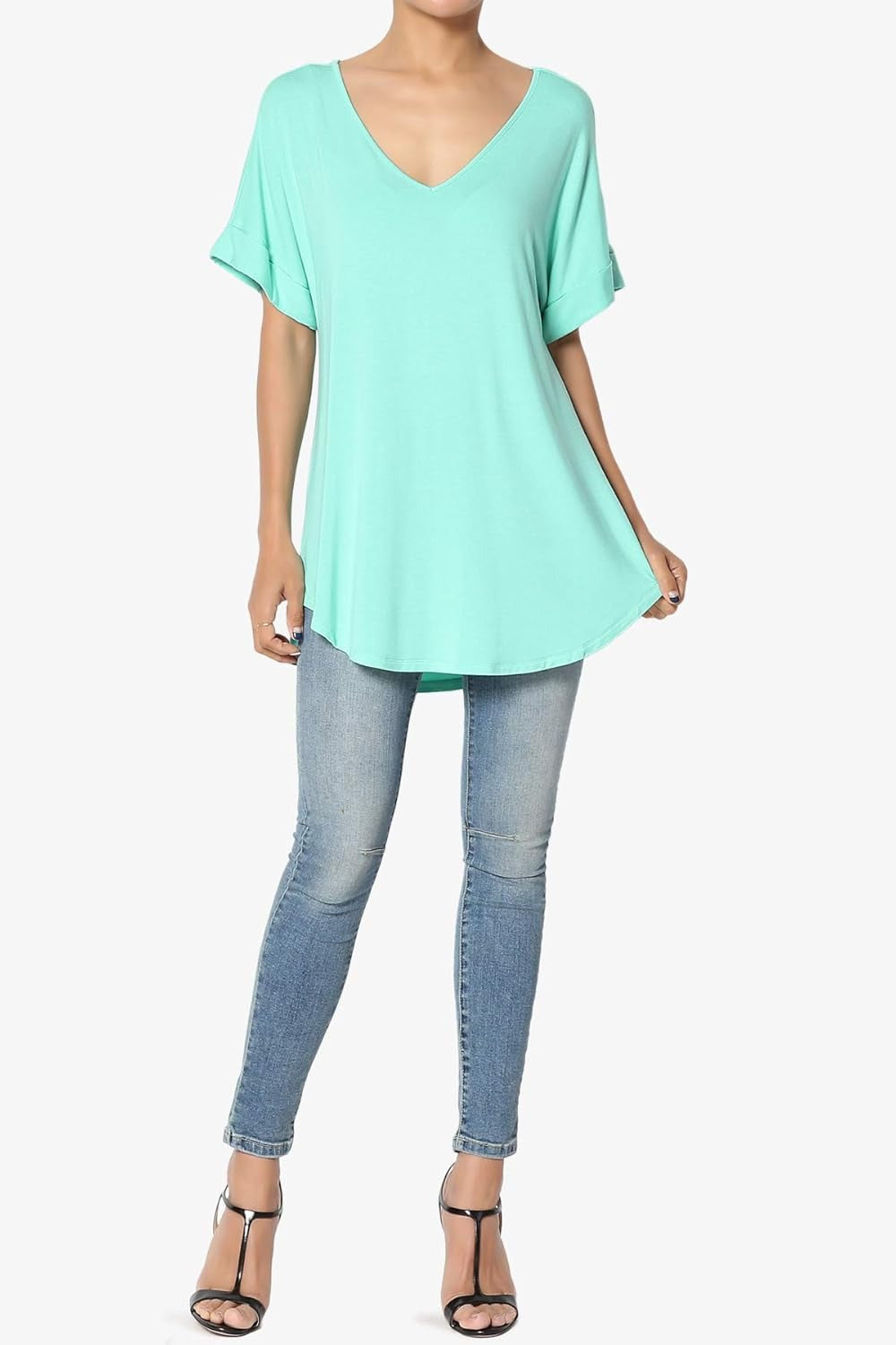 Women's Wide V-Neck Cuffed Short Sleeve Curved Hem Luxe Jersey Top