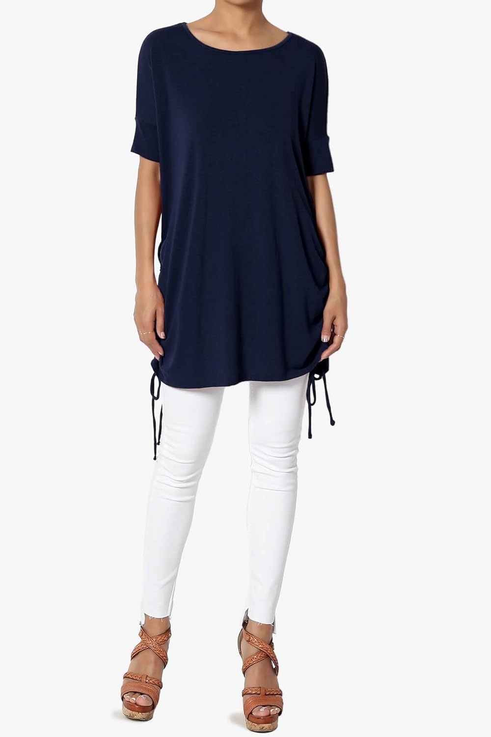 Tie Up Ruched Side Dolman Short Sleeve Round Neck Jersey Tee