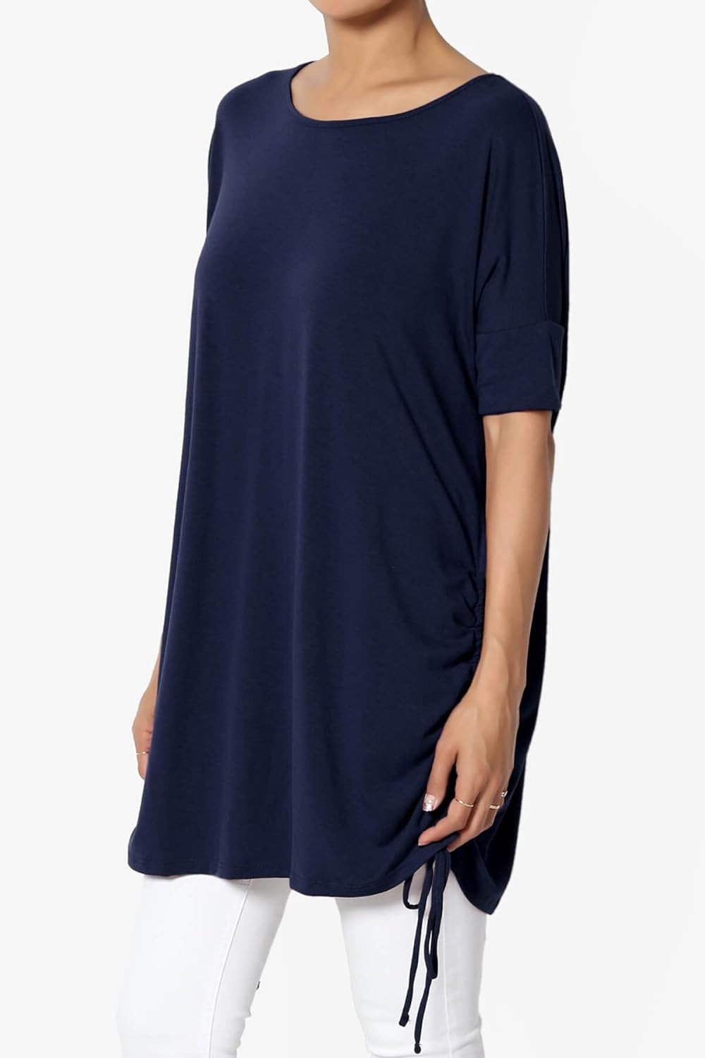 Tie Up Ruched Side Dolman Short Sleeve Round Neck Jersey Tee