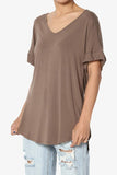 Women's Wide V-Neck Cuffed Short Sleeve Curved Hem Luxe Jersey Top