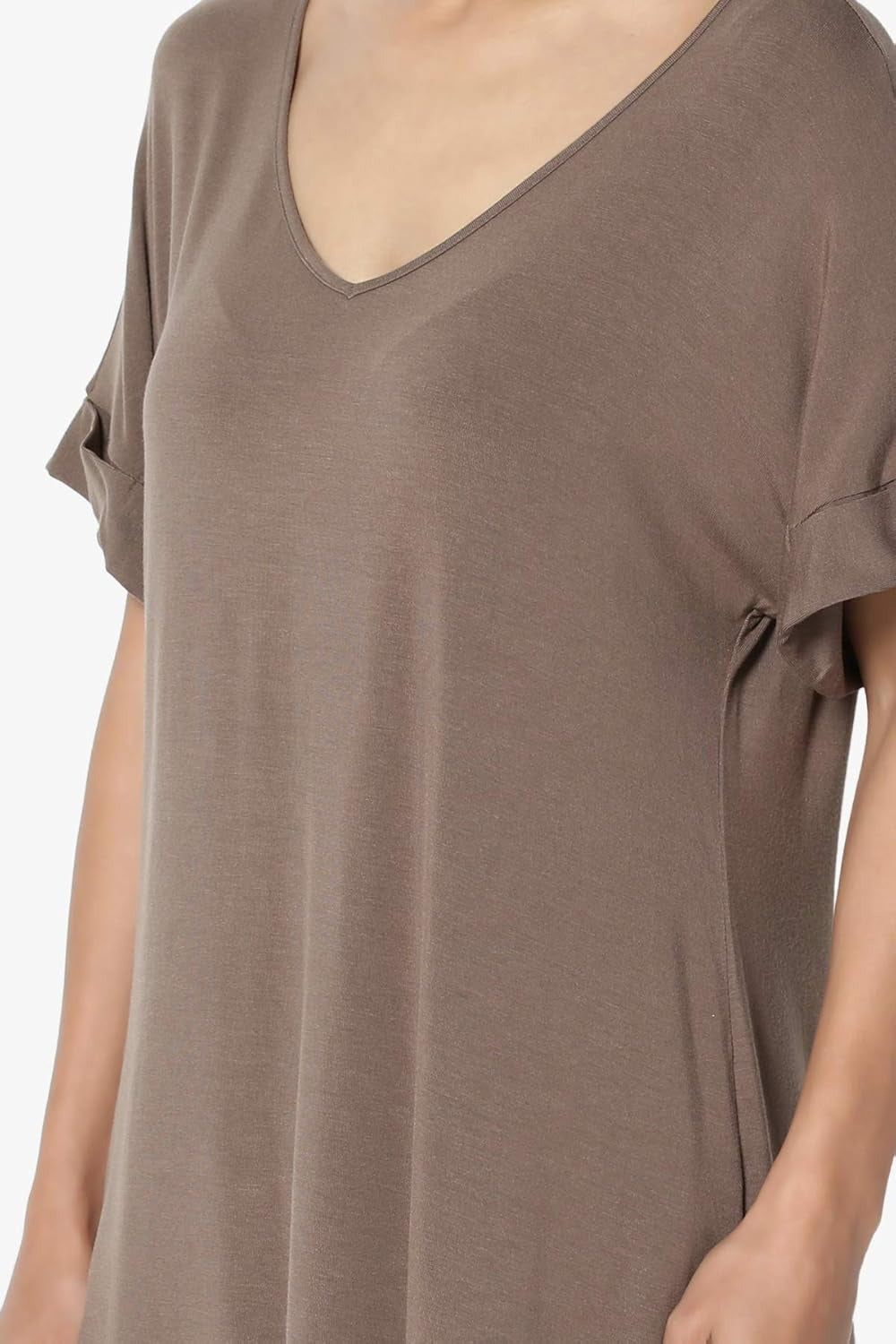 Women's Wide V-Neck Cuffed Short Sleeve Curved Hem Luxe Jersey Top