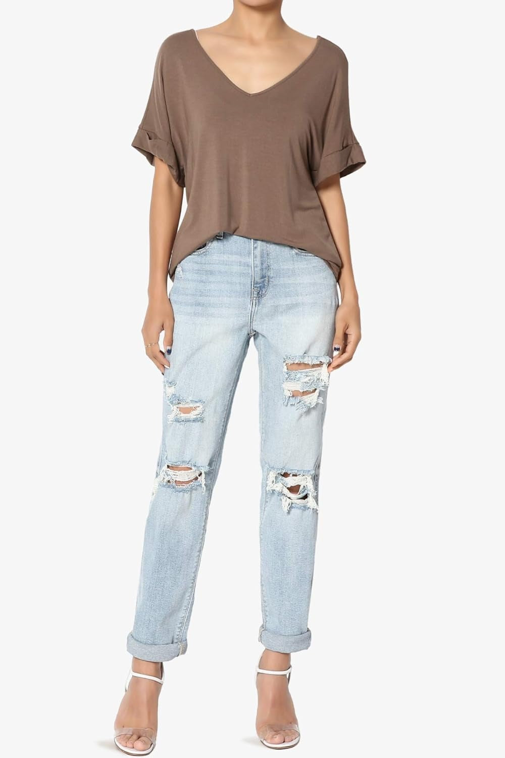 Women's Wide V-Neck Cuffed Short Sleeve Curved Hem Luxe Jersey Top