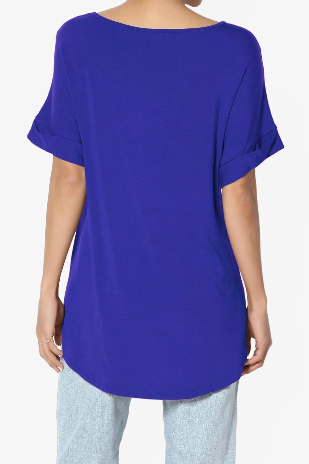 Women's Wide V-Neck Cuffed Short Sleeve Curved Hem Luxe Jersey Top
