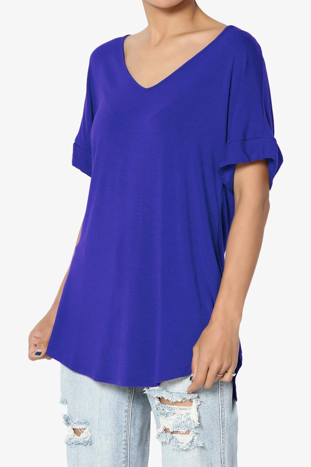 Women's Wide V-Neck Cuffed Short Sleeve Curved Hem Luxe Jersey Top
